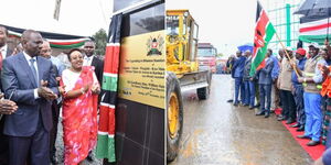 A photo collage of President William Ruto launching the Captain - Ol Kalau Road project in November 2019 (in a black suit) and on April 6, 2023 (in a checked shirt).