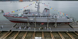 An aerial photo of the Kenya Navy KNS Shupavu ship launched by President William Ruto on Saturday, July 29 after its midlife rebuild at the Mombasa Shipyard.  