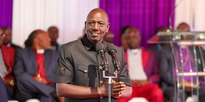 President William Ruto speaks during the burial of Michael Waweru, father of Nyandarua Senator John Methu in Nyandarua Nyabini, Nyandarua County on January 2, 2024.