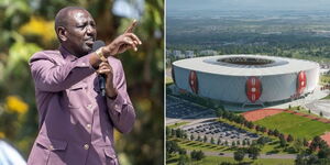 President William Ruto addressing residents of Kiambu on February 16, 2024 (left) and the architectural design of the Talanta Sports City