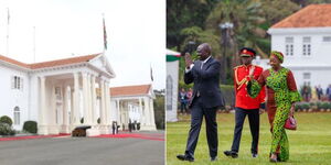 A collage of President William Ruto and First Lady Rachel Ruto (left) at State House Nairobi on December 12, 2022, and a photo of State House, Nairobi. 