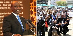 A photo collage of President William Ruto speaking on May 12, 2023 (left) and University of Nairobi students striking over HELB loans in July 2021.