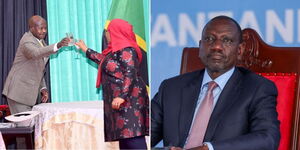 A photo collage of President Yoweri Museveni and President Samia Suluhu toasting at a dinner in Uganda in 2022 (left) and President William Ruto at the EAC Heads of State meeting in November 2023.