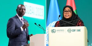 A photo of President William Ruto (left) and his Tanzanian counterpart Samia Suluhu at the COP 28 event in Dubai on December 1, 2023. 