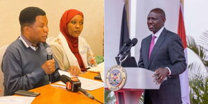 A photo collage of Pan African Climate Justice Alliance (PACJA) Executive Director, Mithika Mwenda speaking to the press (left) and President William Ruto addressing the media at State House on on August 21, 2023 (right).