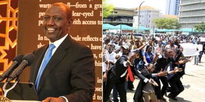 A photo collage of President William Ruto speaking on May 12, 2023 (left) and University of Nairobi students striking over HELB loans in July 2021.