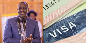 A photo collage of President William Ruto at a church service in Kiambu County on December 10, 2023 and a visa.