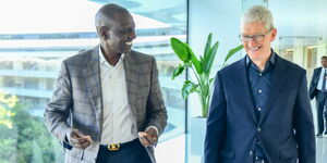 President William Ruto (left) and Apple Chief Executive Officer Tim Cook during a tour of the Silicon Valley in San Fransisco on September 16, 2023. 
