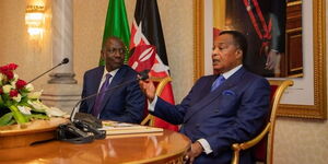 President William Ruto (left) and his Republic of Congo counterpart Denis Sassou N'Guesso speak at the Palais du Peuple in Brazzaville during a media briefing on Saturday, July 8, 2023. 
