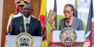A photo collage of President William Ruto and former Principal Secretary Esther Ngero taking oath of office at State House on December 3, 2022. 