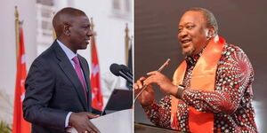 President William Ruto at State House speaks at State House, Nairobi on May 18, 2023 (left) and former President Uhuru Kenyatta speaks during the party's NDC at Ngong Racecourse on May 22, 2023. 