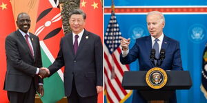 A collage of President William Ruto shaking hands with Chinese President Xi Jinping and US President Joe Biden. 