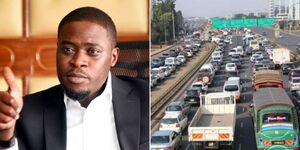 A photo collage of Nairobi Governor Johnson Sakaja in his office (left) and vehicles caught up in traffic on Thia Superhighway (right). 