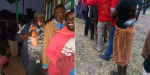 A collage image of a  voter eating bread (left) and with a towel on the voting queue (right).