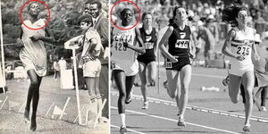 Sabina Chebichi running barefoot with a petticoat in 1972 (right) and at the Commonwealth Games in Christchurch, New Zealand in 1974 (left) 