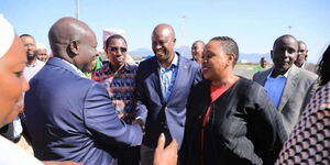 President William Ruto (left), EALA MP Kanini Kega (centre) and Nominated MP Sabina Chege meet during an inter-denominational Prayers in Isiolo on May 21, 2023. 