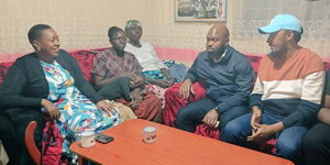 Jubilee's Sabina Chege (left), Gatundu South MP GG Kagombe (center) and Kiambu Senator (right) visit the family of Firirinda hitmaker Dickson Munyonyi on January 12, 2024.