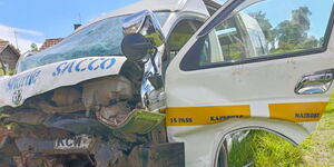 The wreckage of the ill-fated 14-seater matatu belonging to the Eldoret Shuttle Sacco that veered off the Nakuru-Eldoret Highway at Sachangwan on Monday, May 15, 2023. 