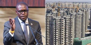Nairobi Governor Johnson Sakaja speaking at GTC on March 26, 2023 (left) and apartment buildings in China.