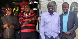 A collage photo of Nairobi Governor Johnson Sakaja and his deputy Njoroge Muchiri (left) and Deputy President Rigathi Gachagua and Jackson Veira at a past event (right).