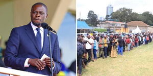 A photo collage of Nairobi Governor Johnson Sakaja and Kenyans queuing for jobs during a past recruitment exercise. 