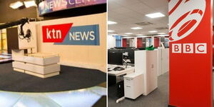 A collage image of KTN News studios (left) and BBC studios in Nairobi.