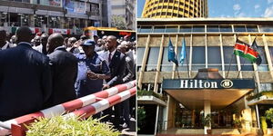 A photo collage of Governor Johnson Sakaja inspecting the barrier erected at the entrance of the former Hilton Hotel on April 19 (left) and the entrance of the hotel that was hosted in the CBD (right).