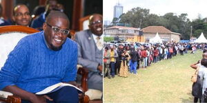 A photo collage of Nairobi Governor Johnson Sakaja during the Innovate Nairobi Tech week on May 2, 2023, and Kenyans queuing for jobs during a past recruitment exercise.