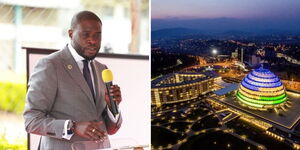 A photo collage of Nairobi Governor Johnson Sakaja addressing residents at Mbagathi Hospital on June 21, 2023, and Kigali Convention Centre. 