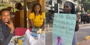 A collage image of Mumias East Peter Salasya and Ronad Lydia at parliament buildings (left) and Lydia holding a placard seeking marriage from the legislator (right).