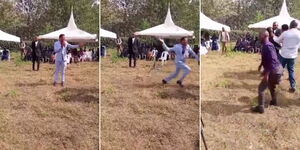 A photo of Mumias East MP Peter Salasya attacking a politician at a funeral in Kakamega County on January 12, 2024. 