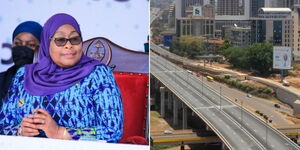 A photo collage of Tanzania's President Samia Suluhu (left) and an aerial view of the Nairobi Expressway. 