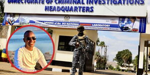 A detective standing at the entrance of the Directorate of Criminal Investigations (DCI) and an insert of Samuel Muchoki.