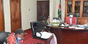 Celestine Jepkazi and her mother, Hellen Jepkosgei during their visit to Nandi governor Stephen Sang on Friday, September 11