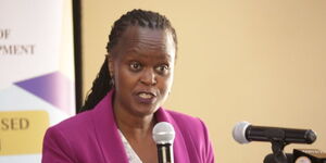 Chairperson of Kisii University Council Dr. Sara Ruto addresses a KICD meeting on August 6, 2019. 