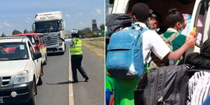 NTSA and Police undertaking a traffic enforcement exercise in Kisumu County on March 28, 2024 (left) and students boarding a matatu during closing day.