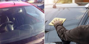 Photo collage of a scratched windscreen and a person cleaning a windscreen