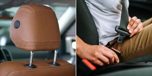 A collage photo of a car headrest (left) and a motorist holding a car seatbelt (right).