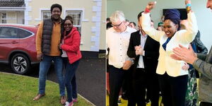 A collage image of Lilian Seenoi and Narok County Senator Ledama Olekina (Left) and Lilian Seenoi and her colleagues after winning elections in Nothern Ireland on Saturday, May 20, 2023.(Right)