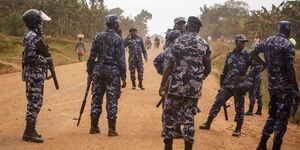Several Ugandan Police officers during a patrol