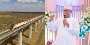 Photo collage of an aeriel view of the Standard Gauge Railway and Defence Cabinet Secretary Aden Duale speaking on May 6, 2023