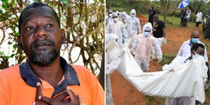 A photo collage of Paul Mackenzie (left) and security officers exhuming bodies at Shakahola Village in Kilifi County.