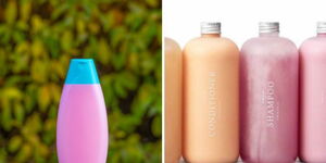 Collage image of unbranded shampoo bottles