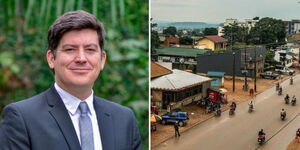 Photo collage of Jonathan Shaw of Nuru and a town in the Democratic Republic of Congo (DRC).