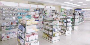 Shelves inside a pharmacy.