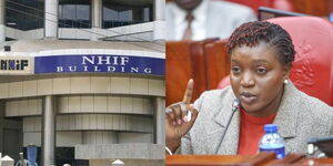A side-to-side image of the National Health Insurance Fund (NHIF) building and Health Cabinet Secretary Susan Nakhumicha.