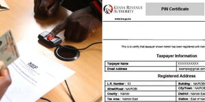 NHIF biometric registration in Nairobi in 2021 (left) and a sample of a KRA Pin certificate.