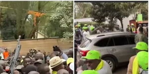 A person believed to be a police officer shooting into the air to disperse crowd during former DP Gachagua's party launch on Thursday, May 15, 2025.