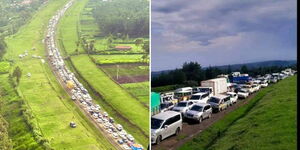 Side by side photos of the snarl-up on Nairobi-Nakuru Highway.