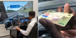 An instructor testing out a driver testing simulation equipment (left) and the new driving licence issued by NTSA.